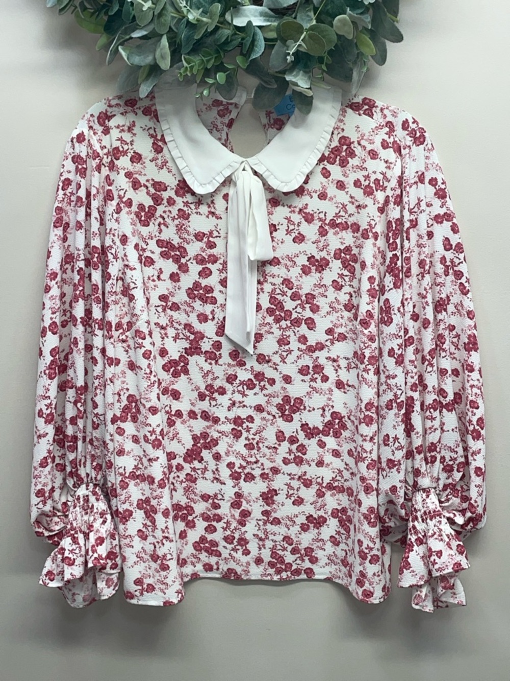 Cece Boho Floral Blouse Peter Pan Collar Tie Neck Puffed Smocked Ruffle Cuffs L